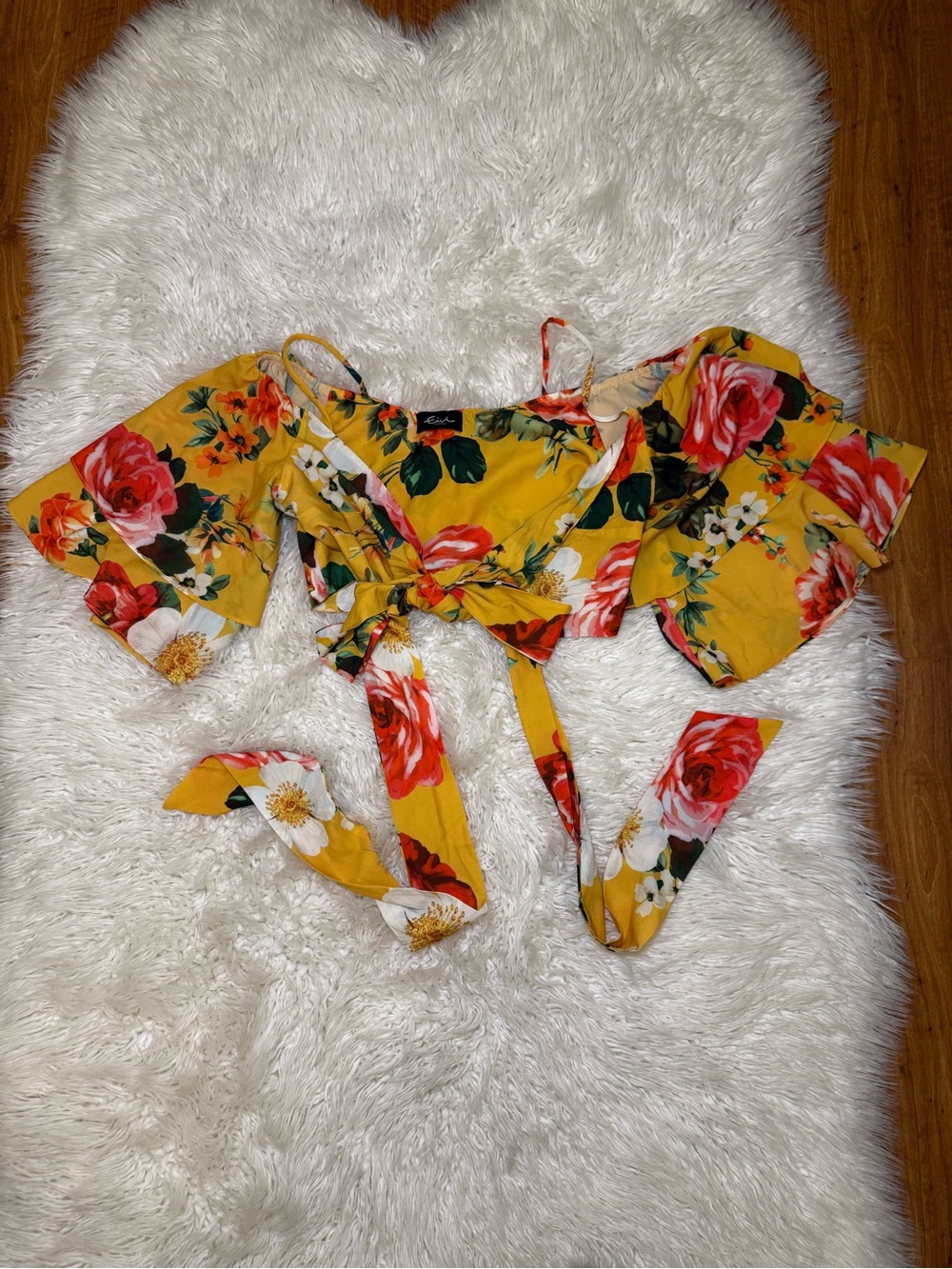 Yellow Floral Tie-Front Crop Top with Puff Sleeves